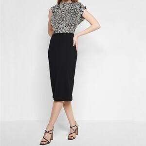 Express NWT Draped Neck Ikat Print Midi Sheath Dress Black White Size M / 8